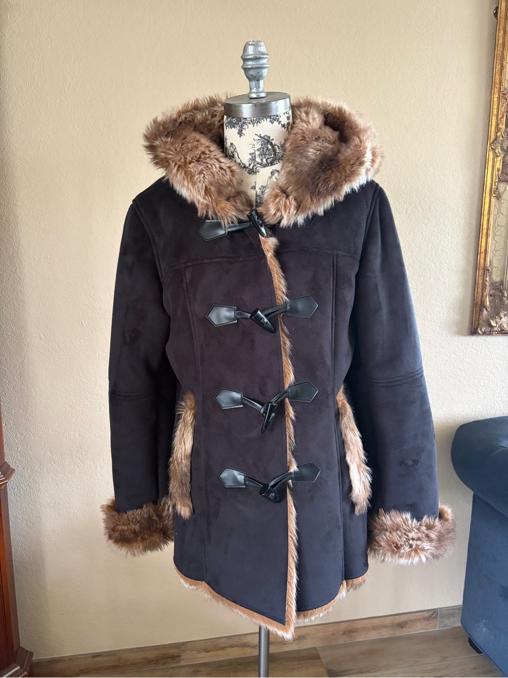 Coldwater Creek Black Teddy Coat with Brown Faux-Fur Trim